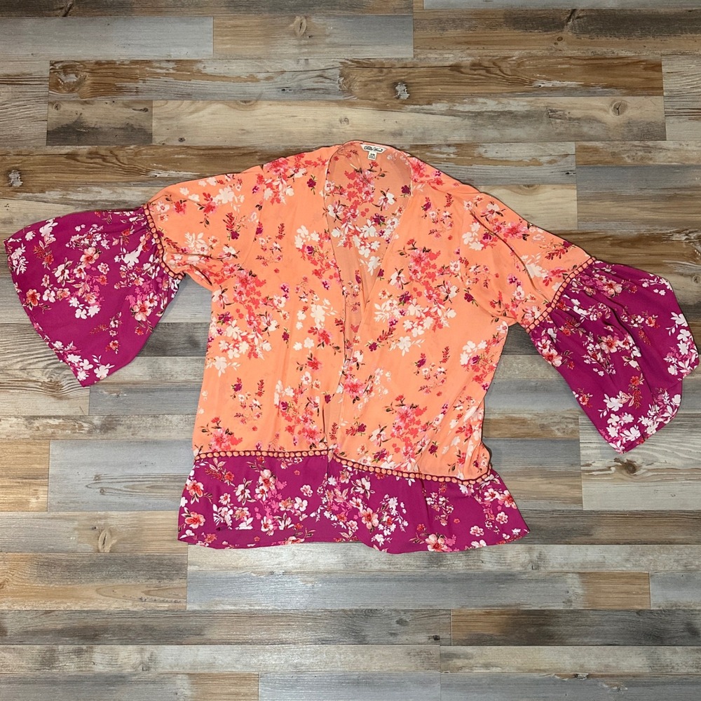 Pioneer Woman Floral Kimono Top Peach Magenta Bell Sleeve Pom Pom Trim S/M